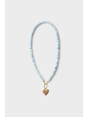 HART Opal Gemstone Necklace with Small Ribbed Heart of Gold Charm in Shaded Blue